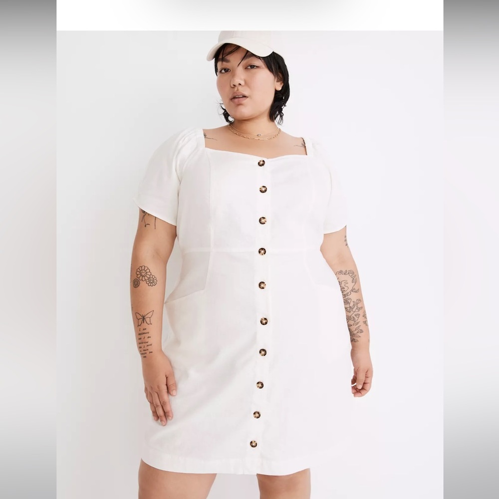 NWT  Madewell  Size 14  Plus Linen-Cotton Puff-Sleeve Mini Dress